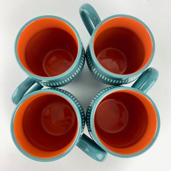 Baum Tangier Turquoise Mug Set of 4 Ceramic Coffee Cups Orange Inside 19 Oz - Picture 7 of 9